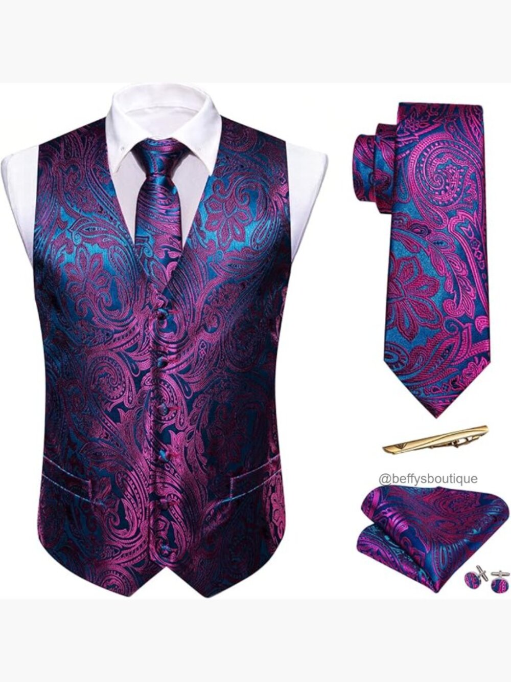 Silk Jacquard Waistcoat Set with Tie, Pocket Square, Cufflinks, Tie Clip,